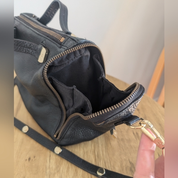 Halston Heritage Baby Pebbled Satchel Bag - Black Leather with Gold Accents - Picture 12 of 16